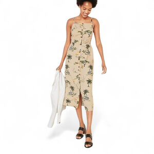 Old Navy Safari Animal Print Linen-Blend Midi Dress S Square-Neck Button Front